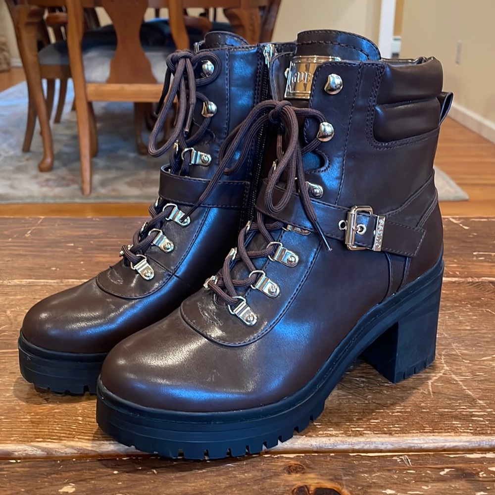 Brown Guess Heeled Laceup Boots